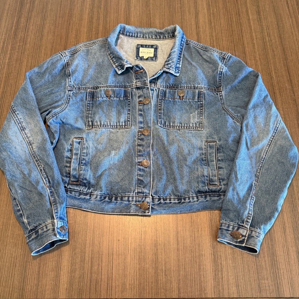 Wax Jean Denim Jacket Distressed 100% Cotton Medium Blue Cropped Trucker Coat M